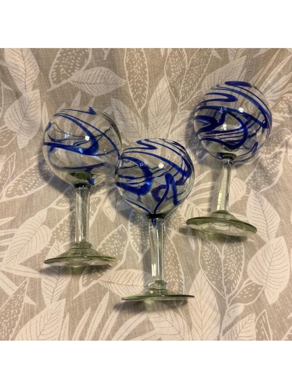 Hand Blown Mexican Cobalt Blue Swirl Wine Glasses Set of 3 Bubble Glass Goblets